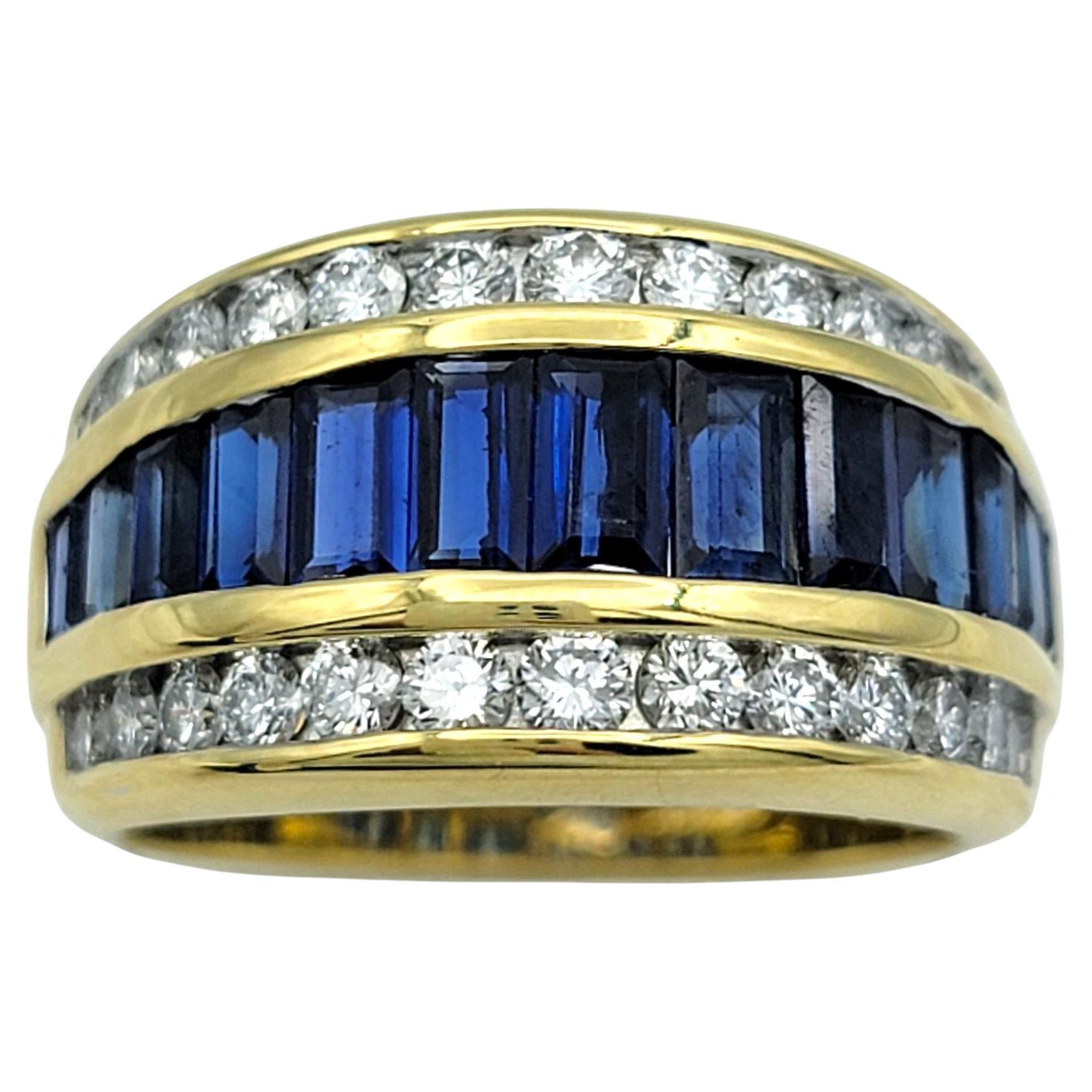 Baguette Cut Sapphire and Round Diamond Multi-Row Band Ring in 18 Karat Gold