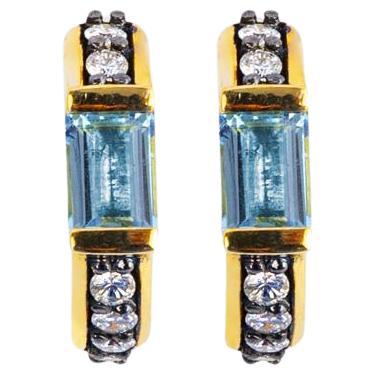 Baguette Cut Sky Topaz And Diamond Pave Hoop Earrings / 18k Yellow Gold And ...