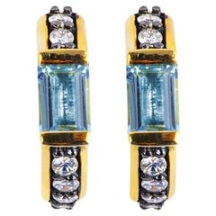 Baguette Cut Sky Topaz And Diamond Pave Hoop Earrings / 18k Yellow Gold And ...
