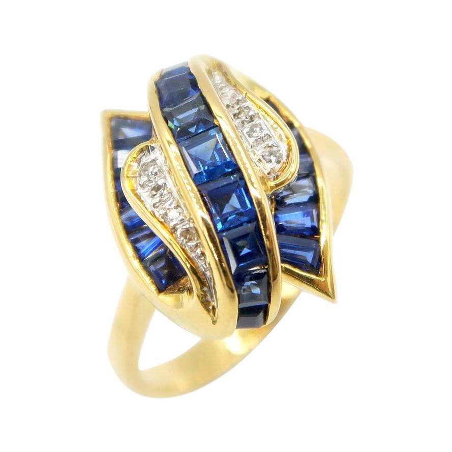 Baguette Deep Blue Sapphire Diamond Fascinator Ring in 18k Yellow Gold For Sale