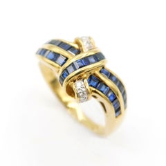 Baguette Deep Blue Sapphire Diamond Friendship Knot 18K Yellow Gold Ring