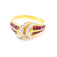 Baguette Deep Red Ruby Pandan Leave Knotted Diamond Band Ring in 18K Yellow Gold
