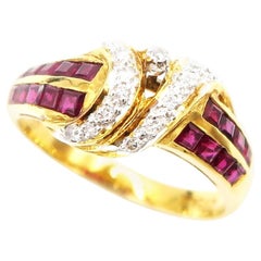 Baguette Deep Red Ruby Pandan Leave Knotted Diamond Band Ring in 18K Yellow Gold