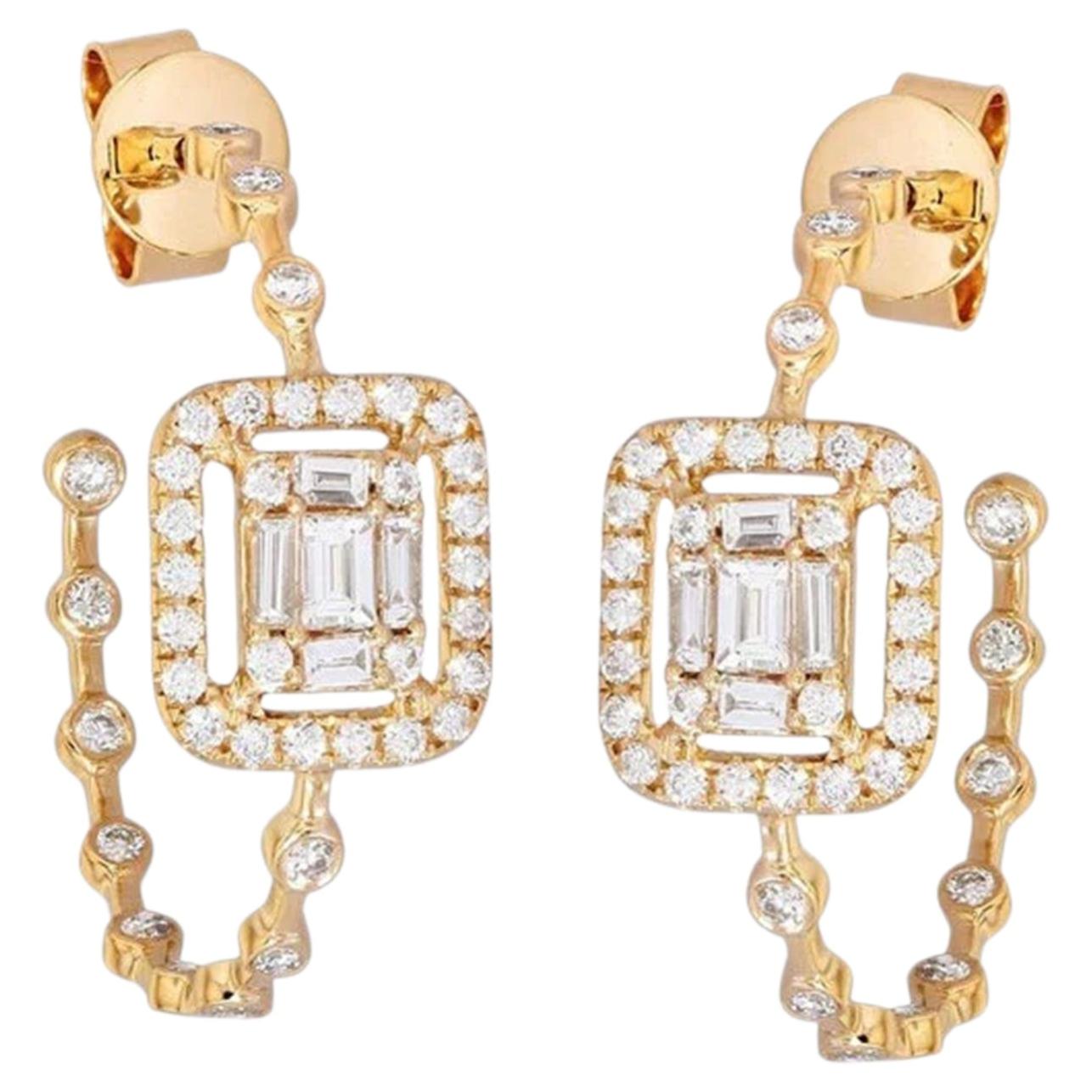 Baguette Diamond 14K (or 18k upon request) Yellow Gold Frame Hoop Stud Earrings For Sale