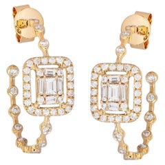 Baguette Diamond 14K (or 18k upon request) Yellow Gold Frame Hoop Stud Earrings