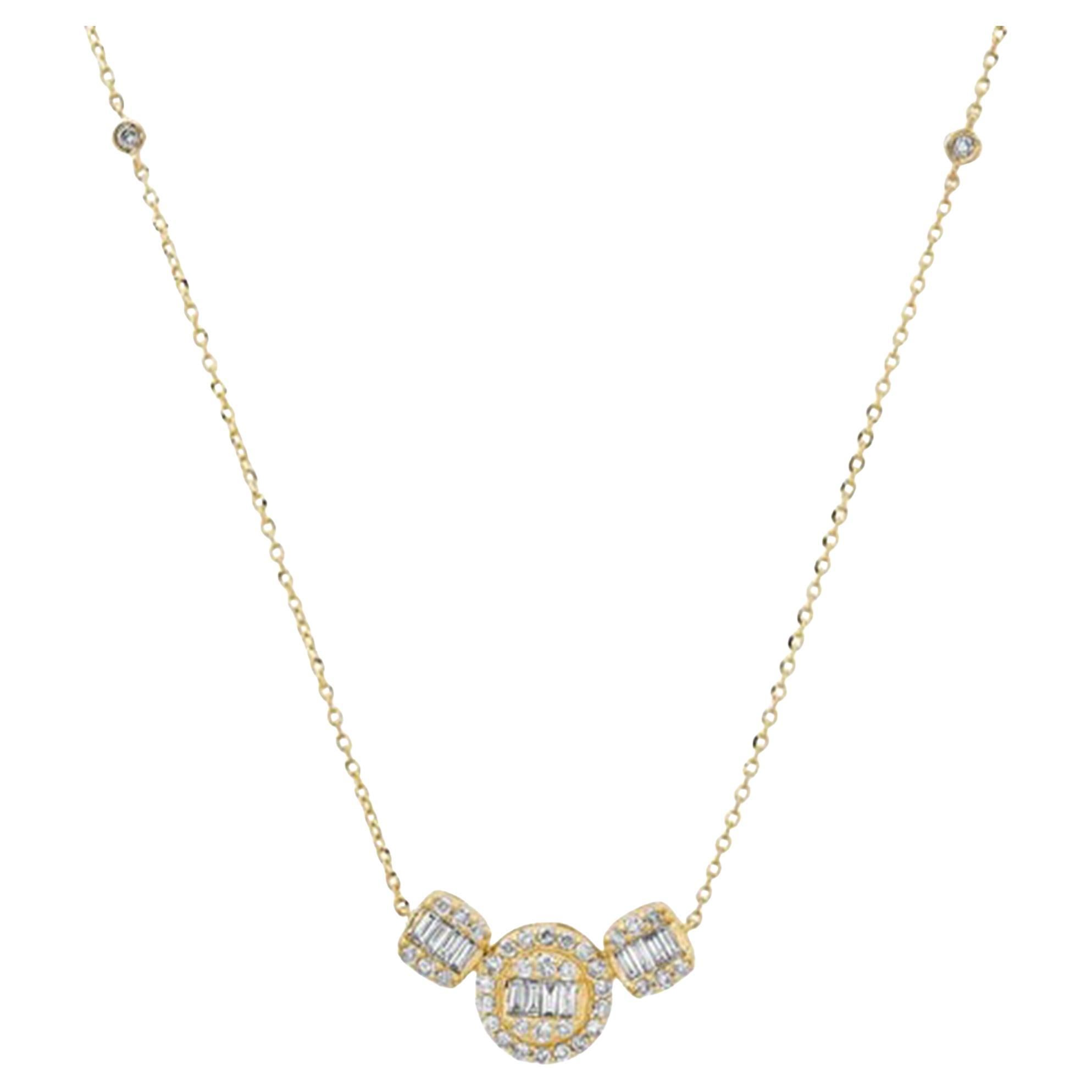 Baguette Diamond 14K (or 18k upon request) Yellow Gold Round Pendant Necklace For Sale