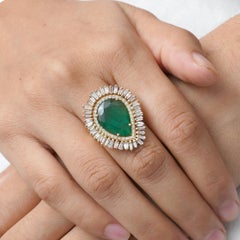 Baguette Diamond 14k Yellow Gold Natural Emerald Art Deco Ring Jewelry