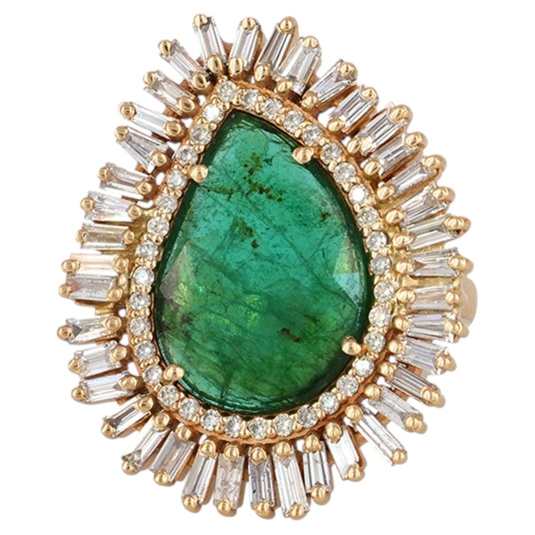 Baguette Diamond 14k Yellow Gold Natural Emerald Art Deco Ring Jewelry