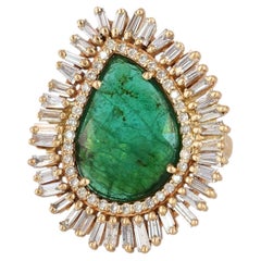 Baguette Diamond 14k Yellow Gold Natural Emerald Art Deco Ring Jewelry