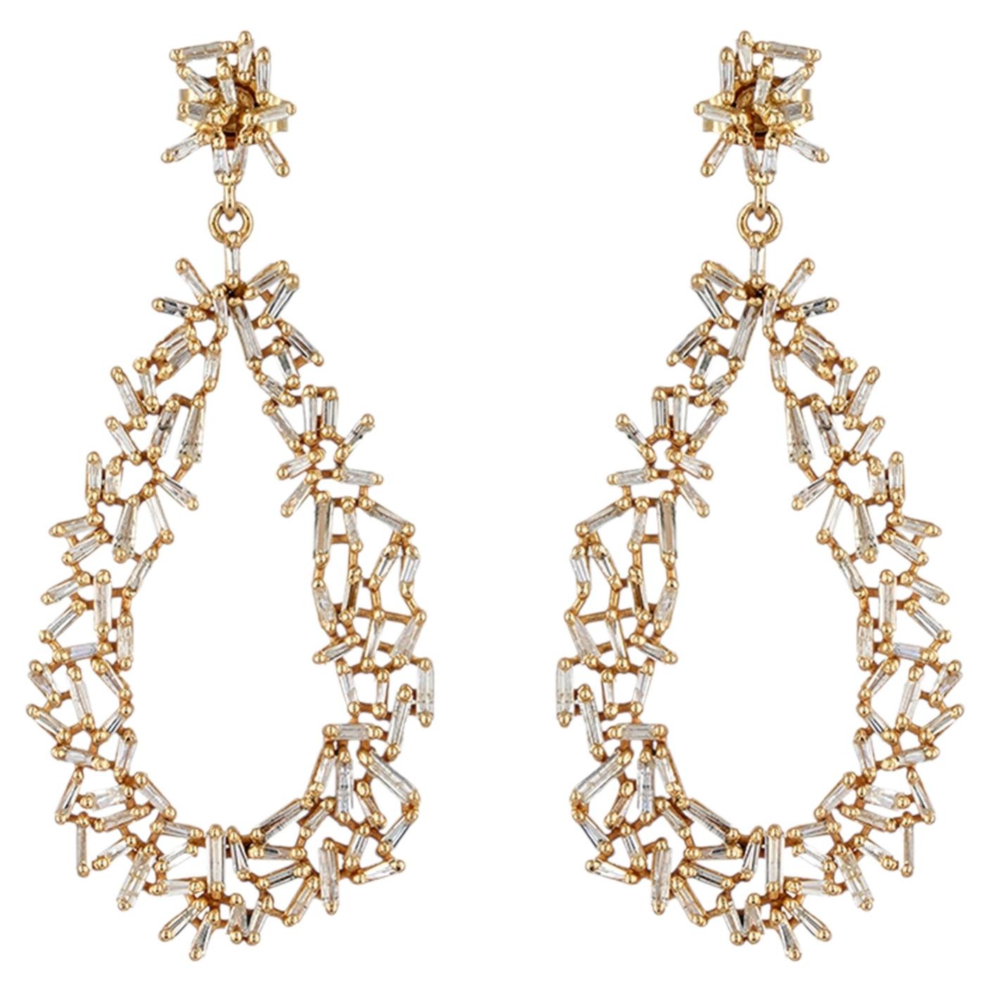 14K Yellow Gold 1.62 Ct Baguette Diamond Open Teardrop Statement Earrings