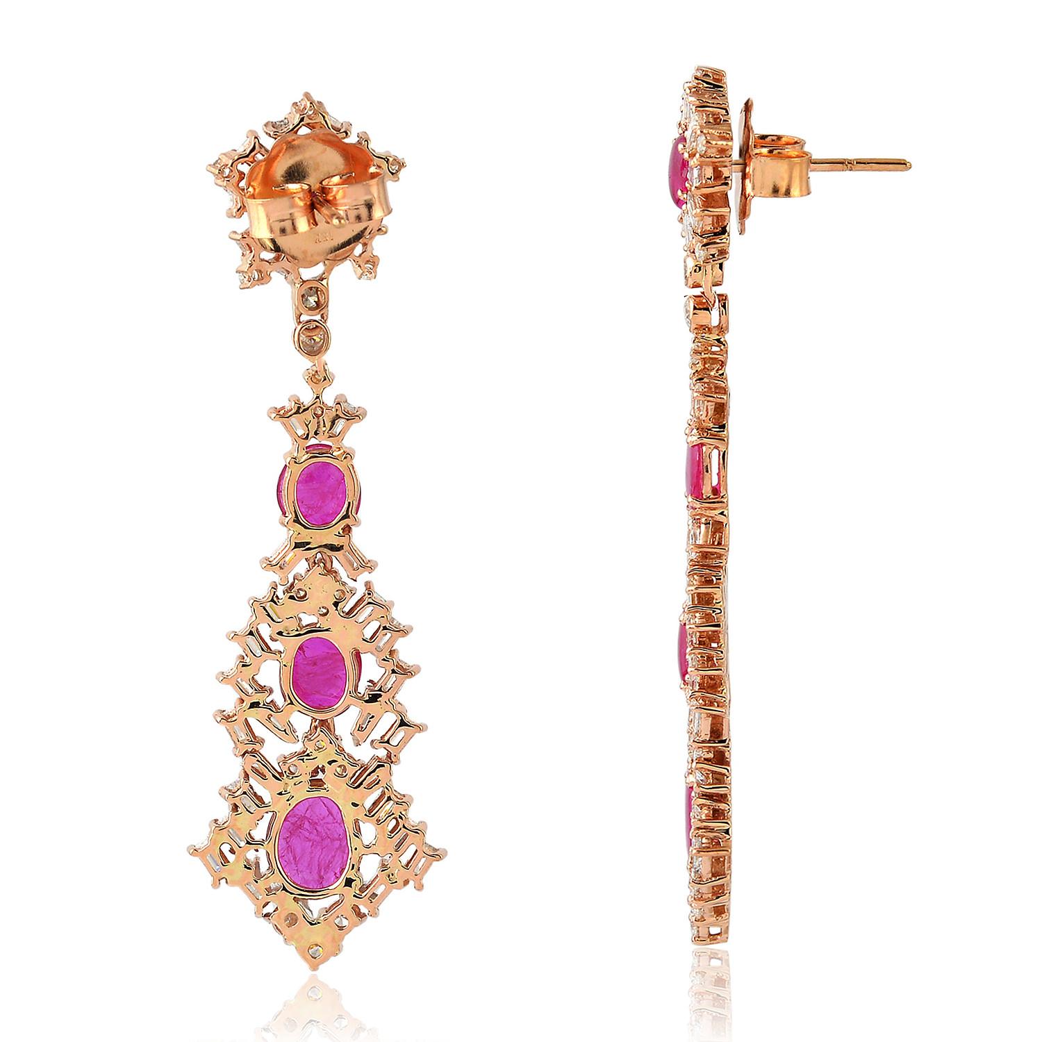 Cast from 18-karat gold, these stunning baguette diamond drop earrings are hand set with 4.1 carats ruby and 3.4 carats of glittering diamonds.

FOLLOW  MEGHNA JEWELS storefront to view the latest collection & exclusive pieces.  Meghna Jewels is