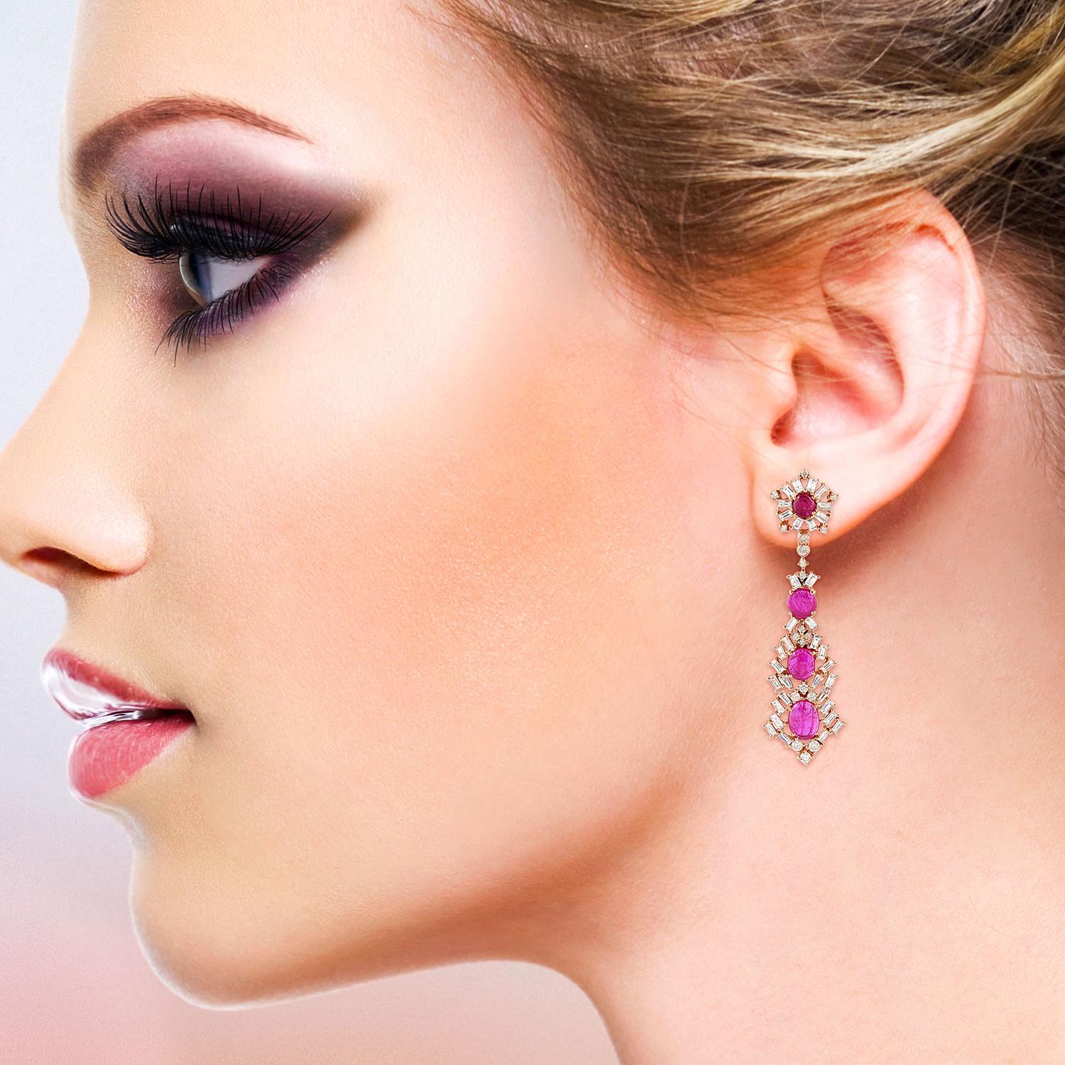 Modern Ruby Baguette Diamond 18 Karat Gold Earrings For Sale
