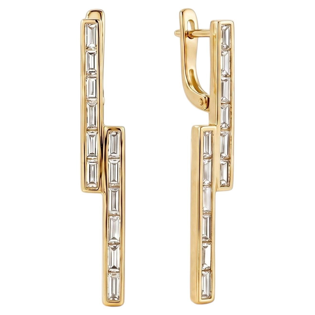 Baguette Diamond 18k Yellow Gold Drop Down Earrings