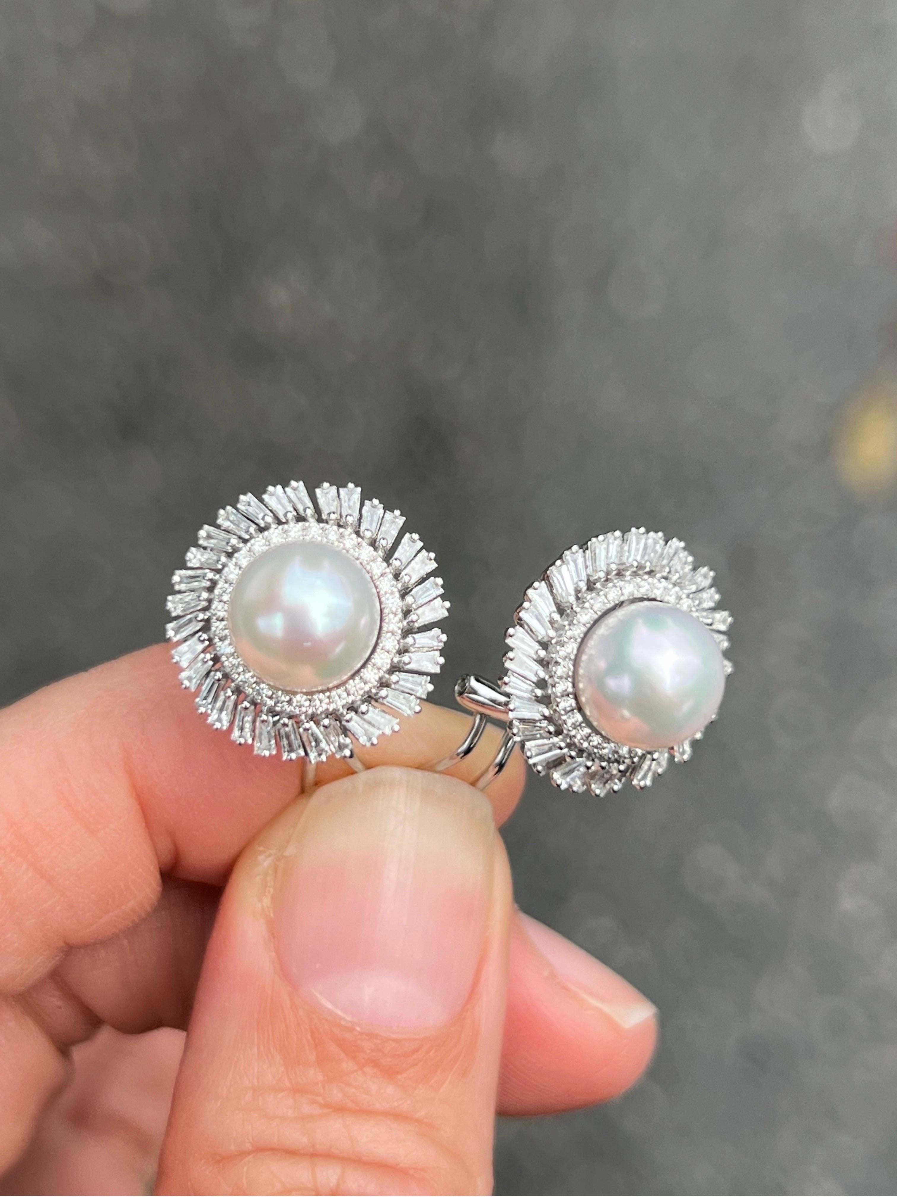 Baguette Diamond and Pearl Bridal Cocktail Earrings For Sale 1