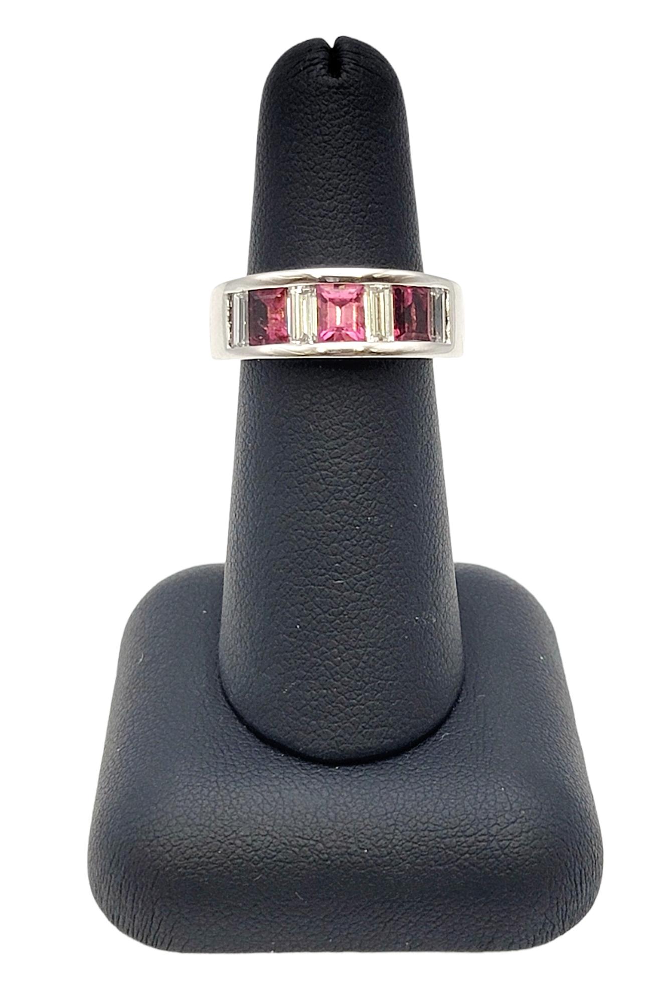 Baguette Diamond and Pink Tourmaline Alternating Semi-Eternity Band Ring in Gold For Sale 2