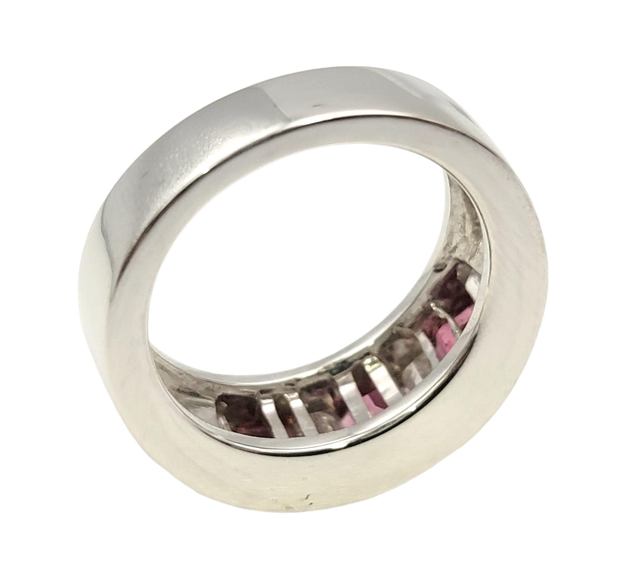 Contemporary Baguette Diamond and Pink Tourmaline Alternating Semi-Eternity Band Ring in Gold For Sale