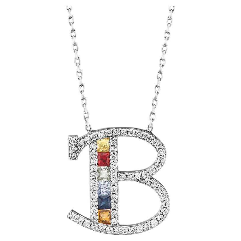 Baguette Diamond and Sapphire B Letter Pendant 14K White Gold Initial Necklace For Sale