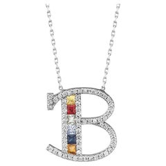 Baguette Diamond and Sapphire B Letter Pendant 14K White Gold Initial Necklace