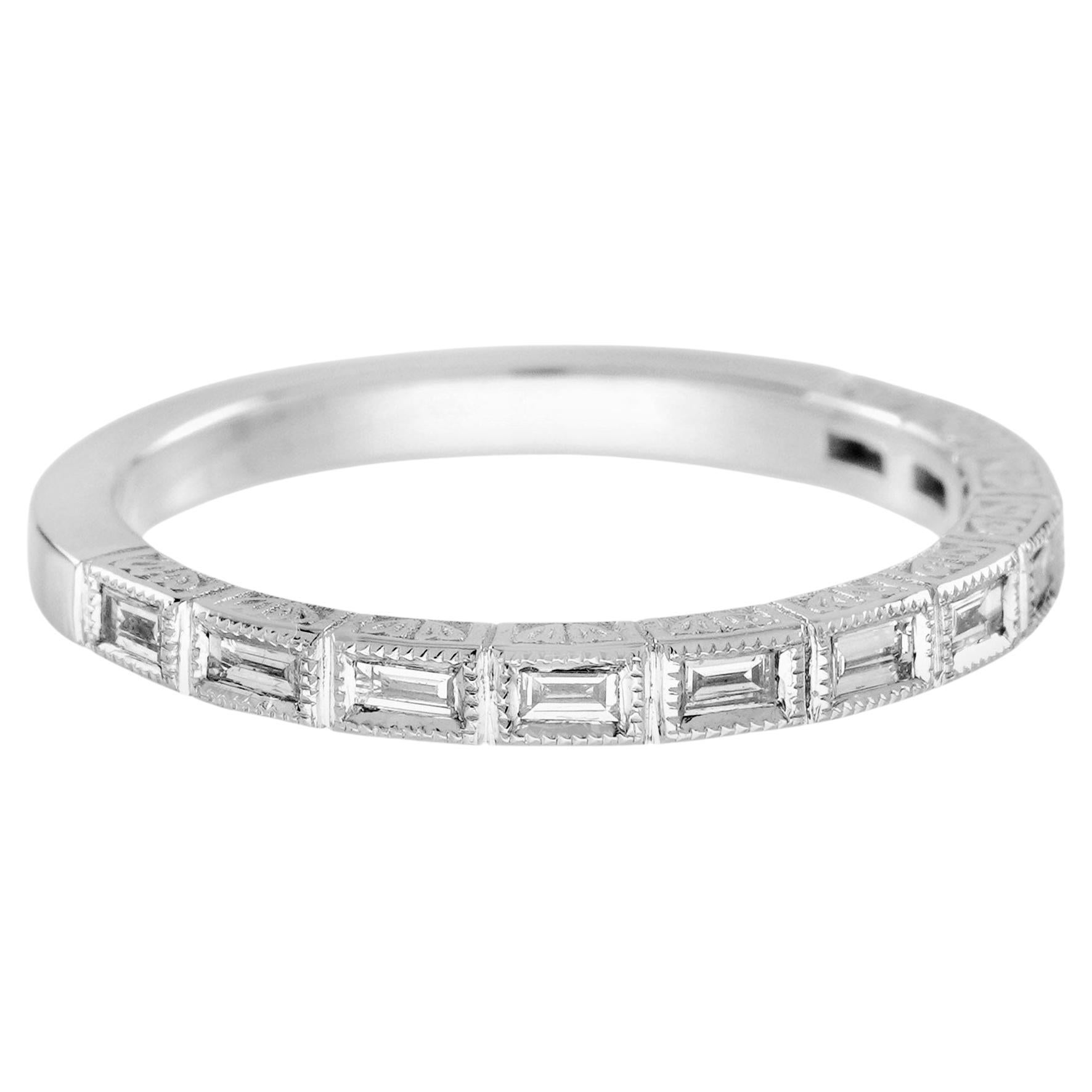 Baguette Diamond Art Deco Style Half Eternity Band Ring in 14K White Gold