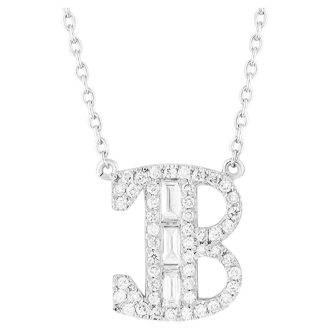 Baguette Diamond B Letter Pendant 14K White Gold Personalized Initial Necklace For Sale