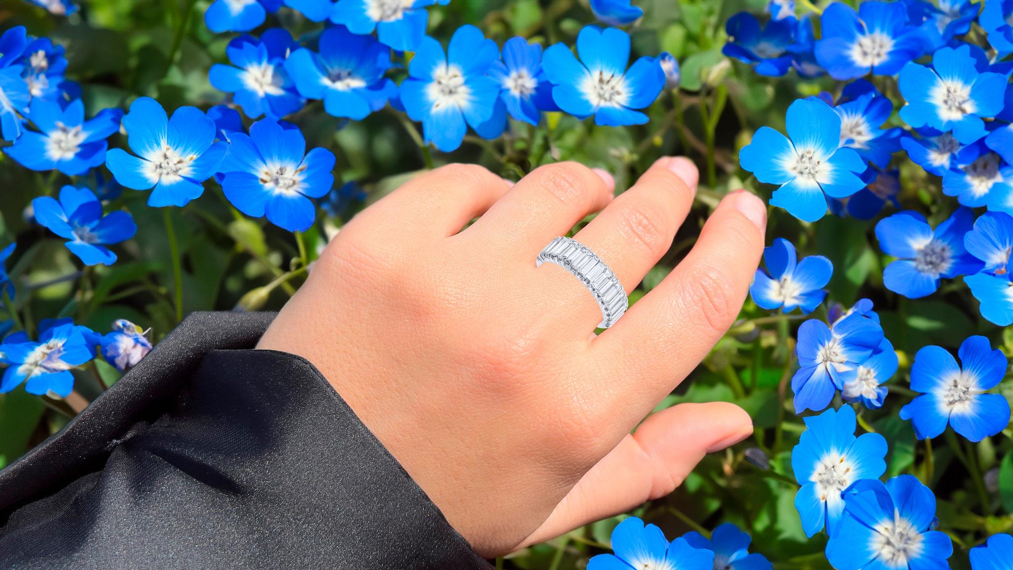Baguette Cut Baguette Diamond Band Ring Half Eternity 2.28 Carats 18K White Gold For Sale