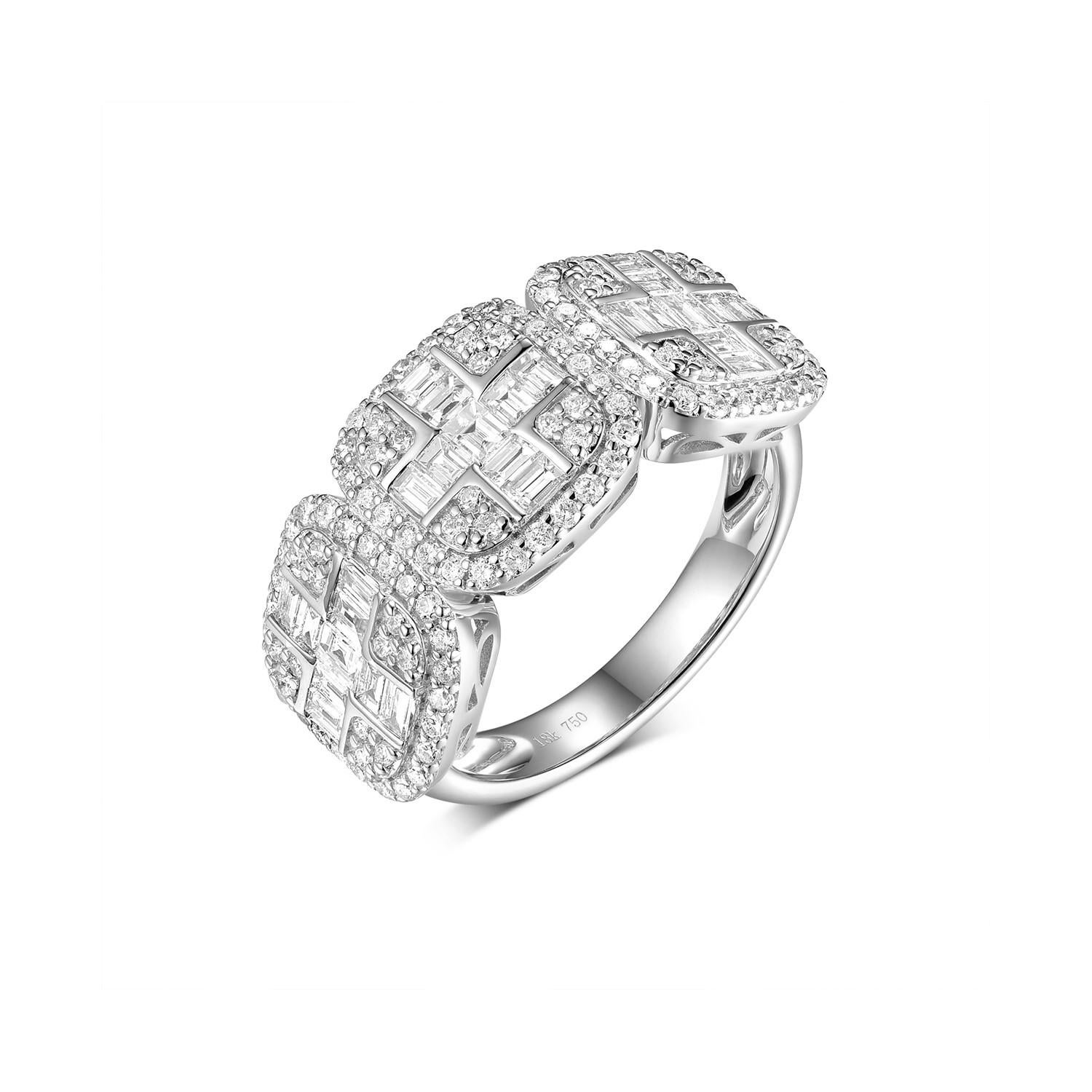 Questo anello a mezza fascia presenta 1,00 carati di diamanti baguette e 0,68 carati di diamanti rotondi. 
I diamanti sono incastonati in oro bianco 18 carati. È ottimo per l'uso quotidiano ed è impilabile con altri anelli a fascia più sottili.