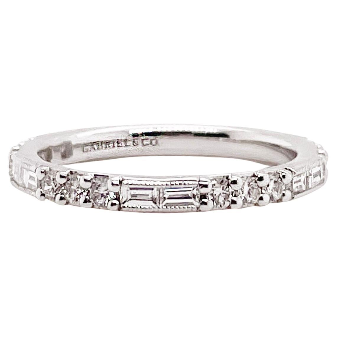 Baguette Diamond Band Stackable Ring, White Gold, Alternating Round & Baguette