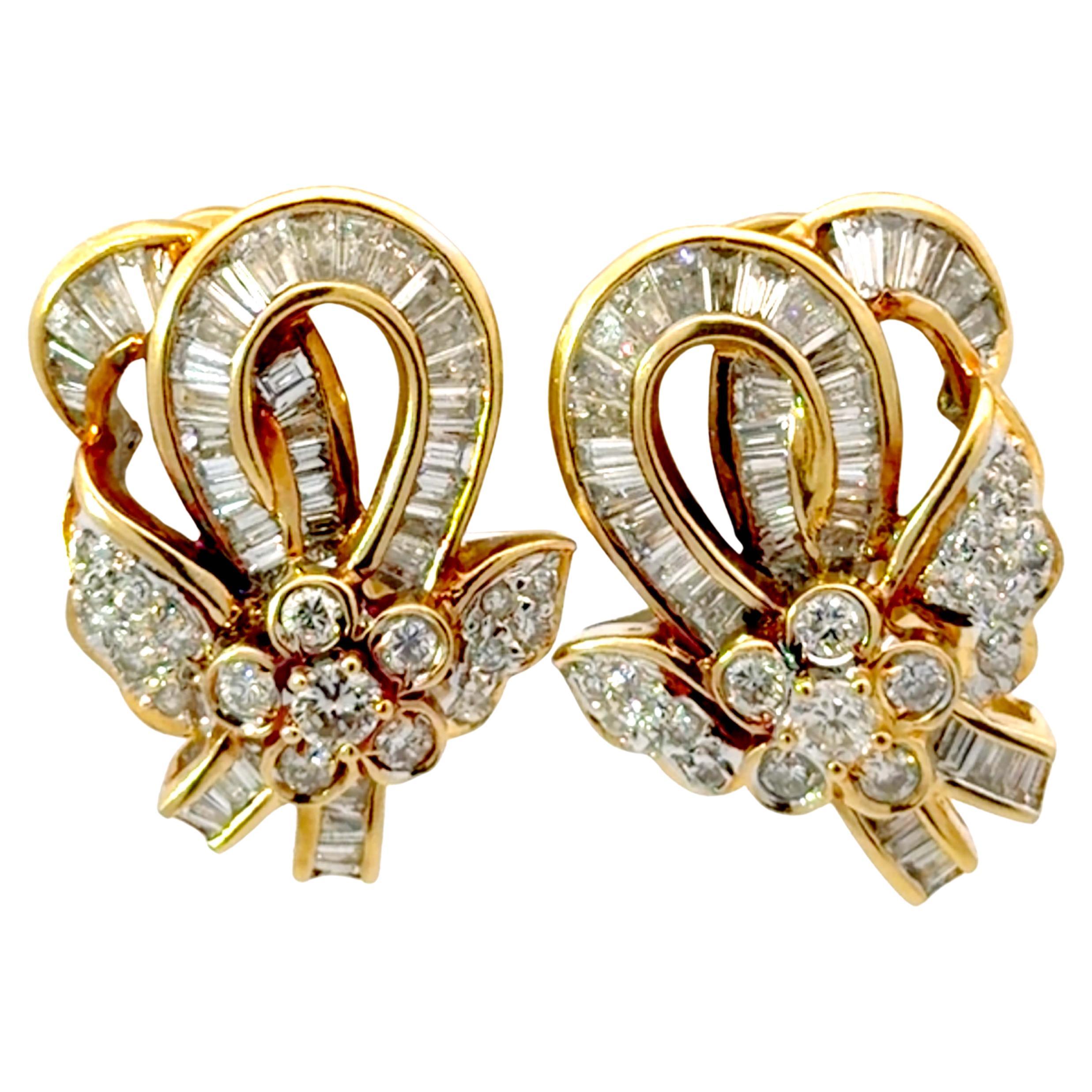 Baguette Diamond Bowtie Flower Earrings 18K Yellow Gold For Sale
