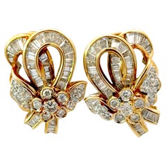 Baguette Diamond Bowtie Flower Earrings 18K Yellow Gold
