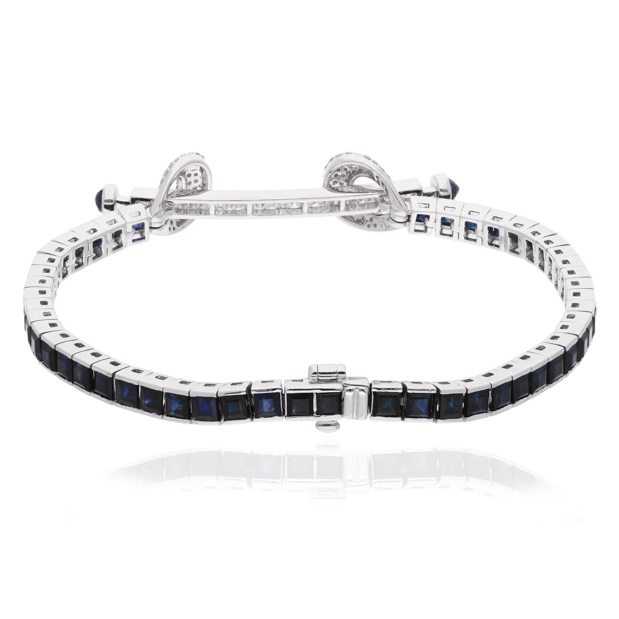 Bracelet artisanal en or blanc 14 carats avec diamants baguettes et saphirs bleus en vente 1