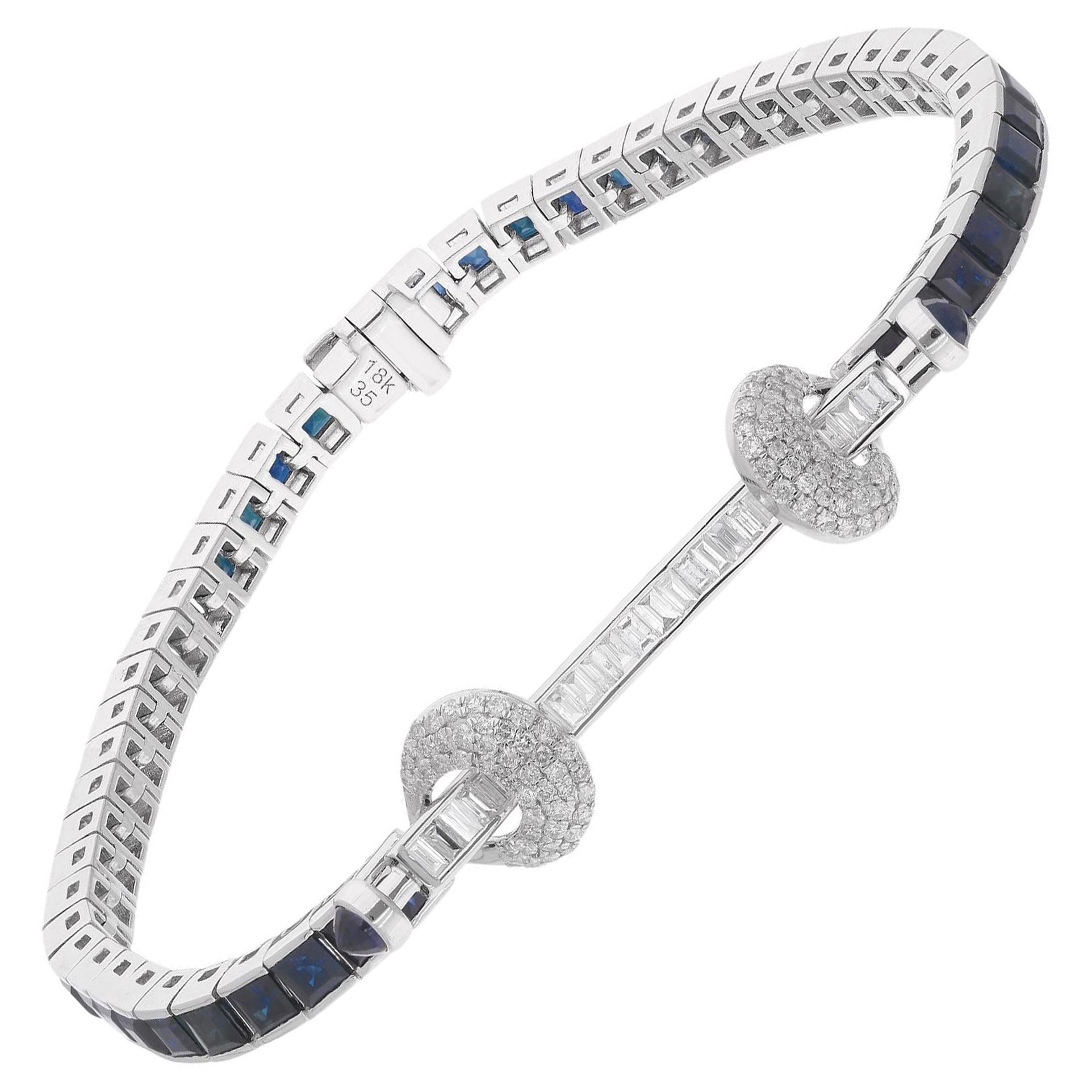 Handgefertigter Baguette-Diamant-Armband aus 14 Karat Weißgold mit blauem Saphir