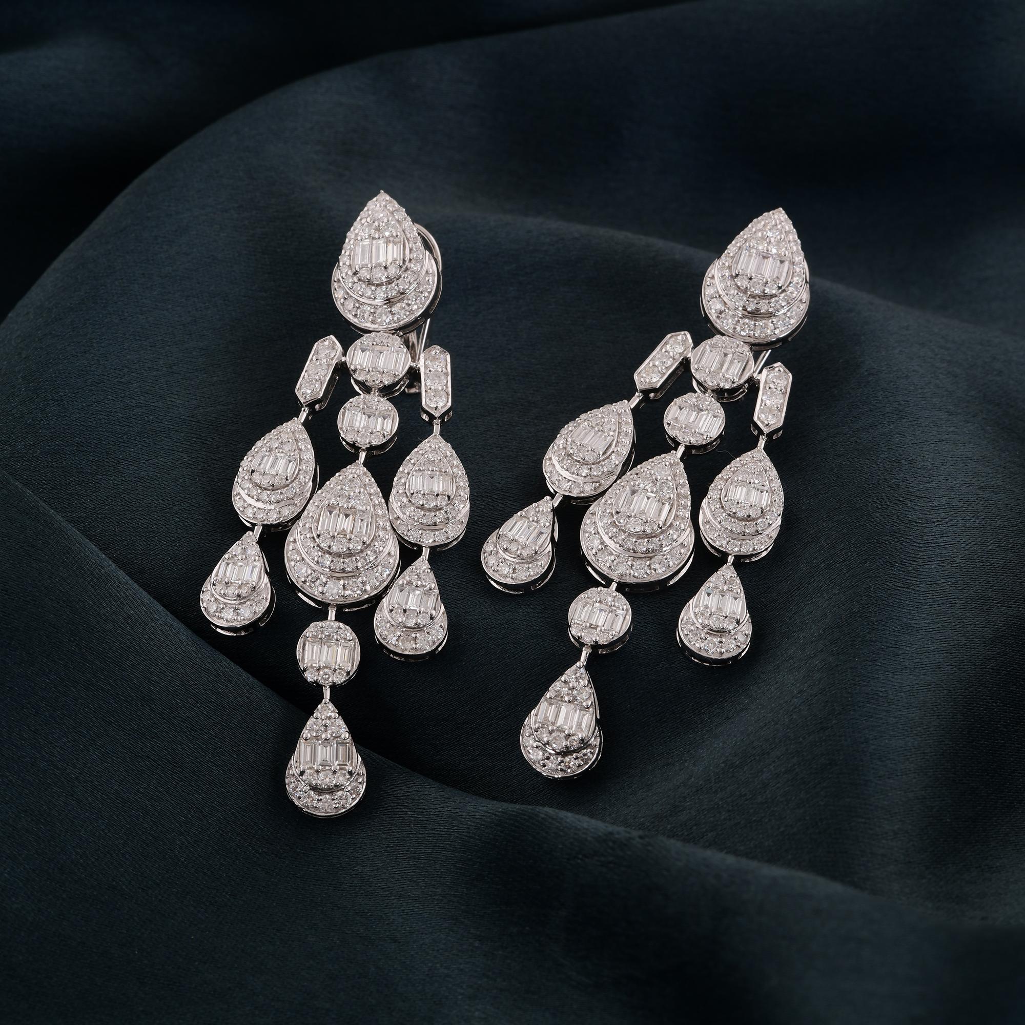 Modern Baguette Diamond Chandelier Earrings Solid 14 Karat White Gold Handmade Jewelry For Sale