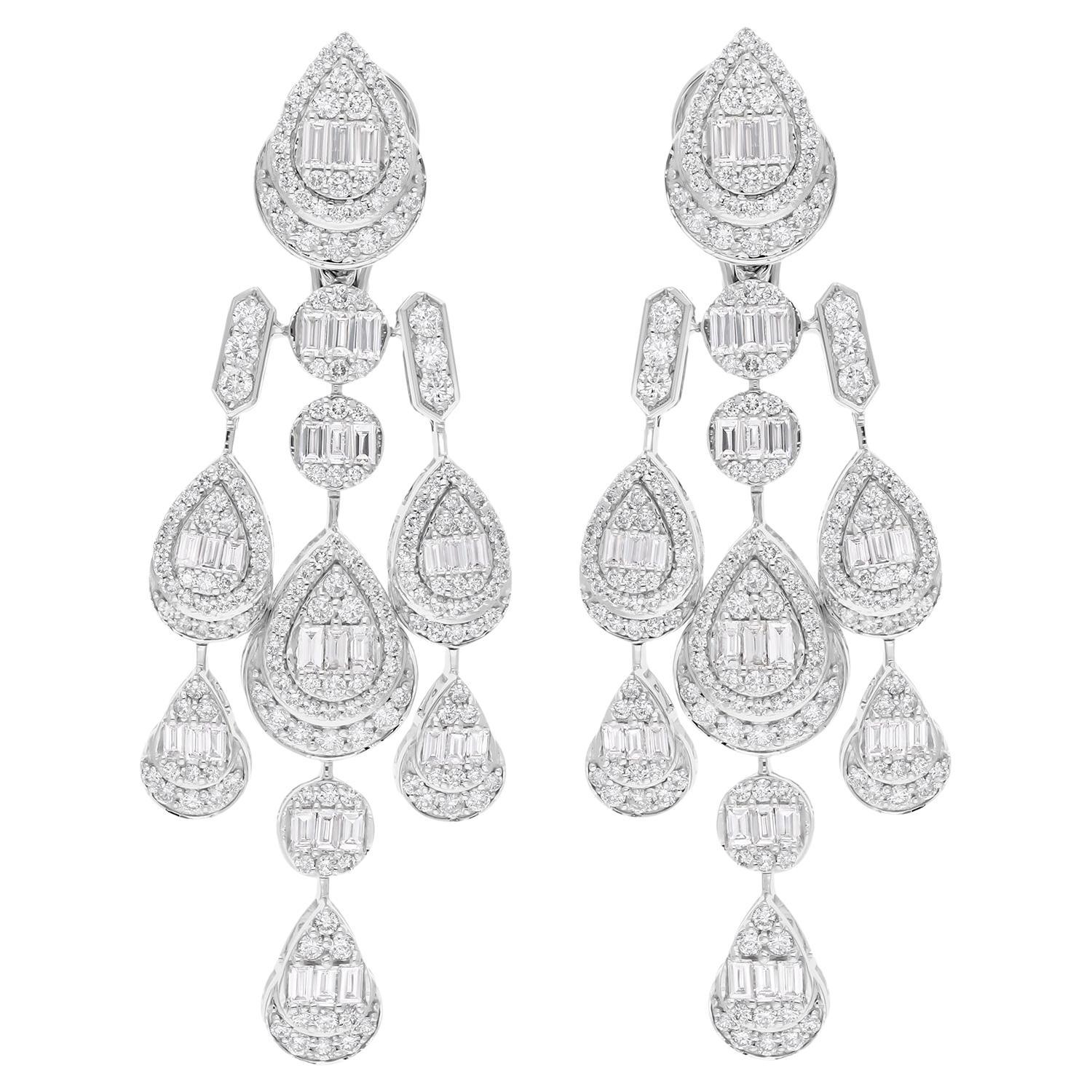 Baguette Diamond Chandelier Earrings Solid 14 Karat White Gold Handmade Jewelry For Sale