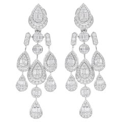 Boucles d'oreilles lustre en or blanc massif 14 carats avec diamants baguettes, fabrication artisanale