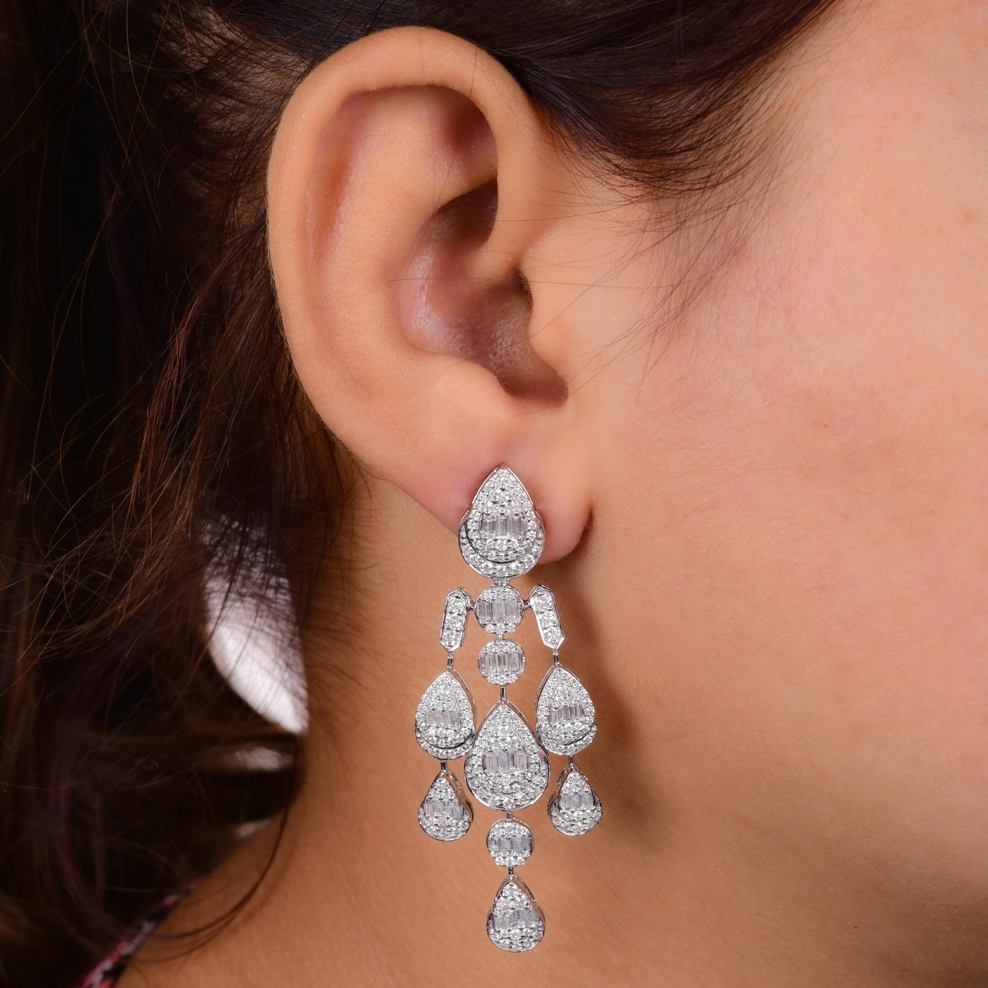 Women's Baguette Diamond Chandelier Earrings Solid 18 Karat White Gold Handmade Jewelry For Sale