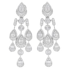 Baguette Diamond Chandelier Earrings Solid 18 Karat White Gold Handmade Jewelry