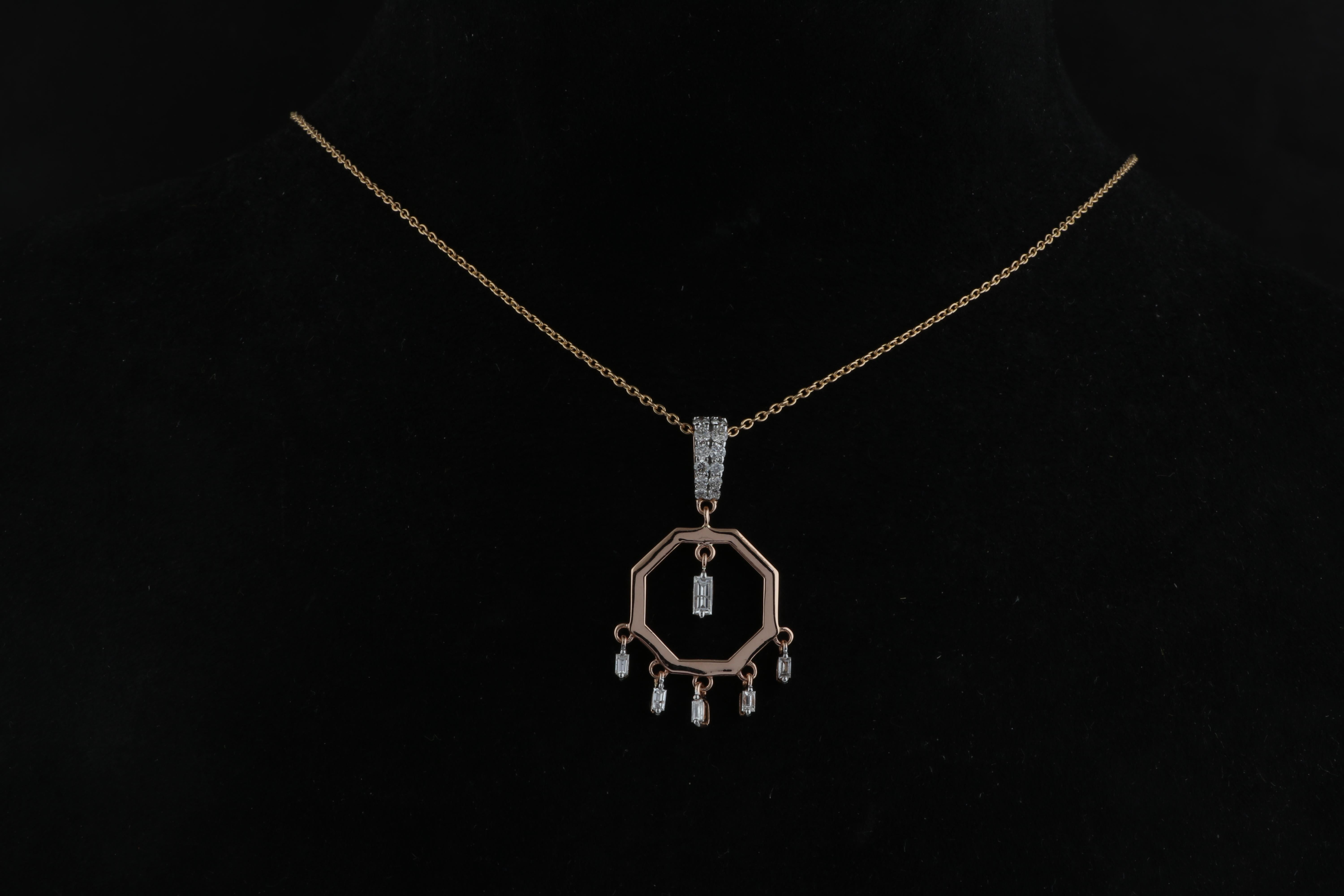 Modern Baguette Diamond Charm Pendant Necklace 14 Karat Yellow Gold Handmade Jewelry For Sale