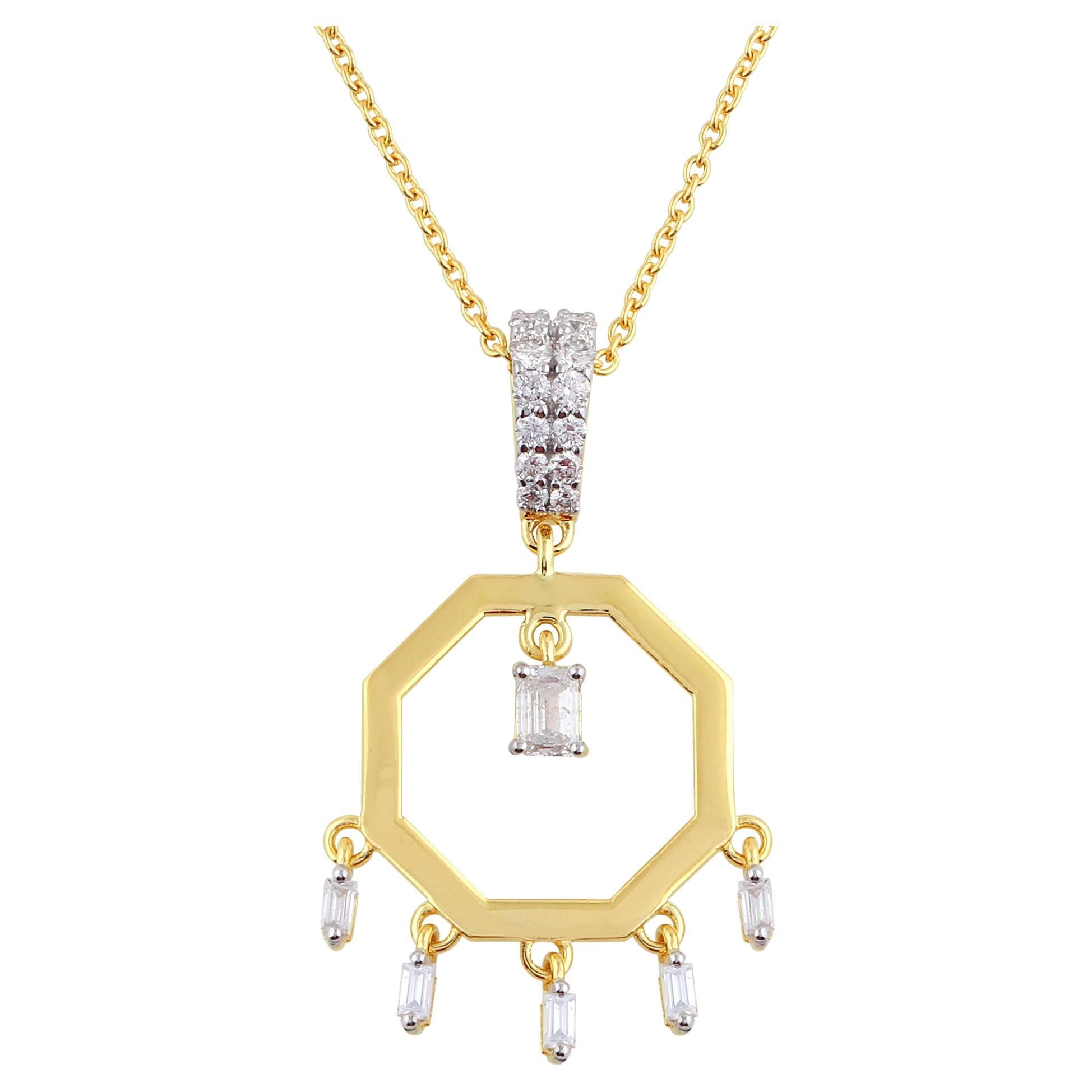 Collana con ciondolo con diamante baguette in oro giallo 14 carati Gioielli fatti a mano