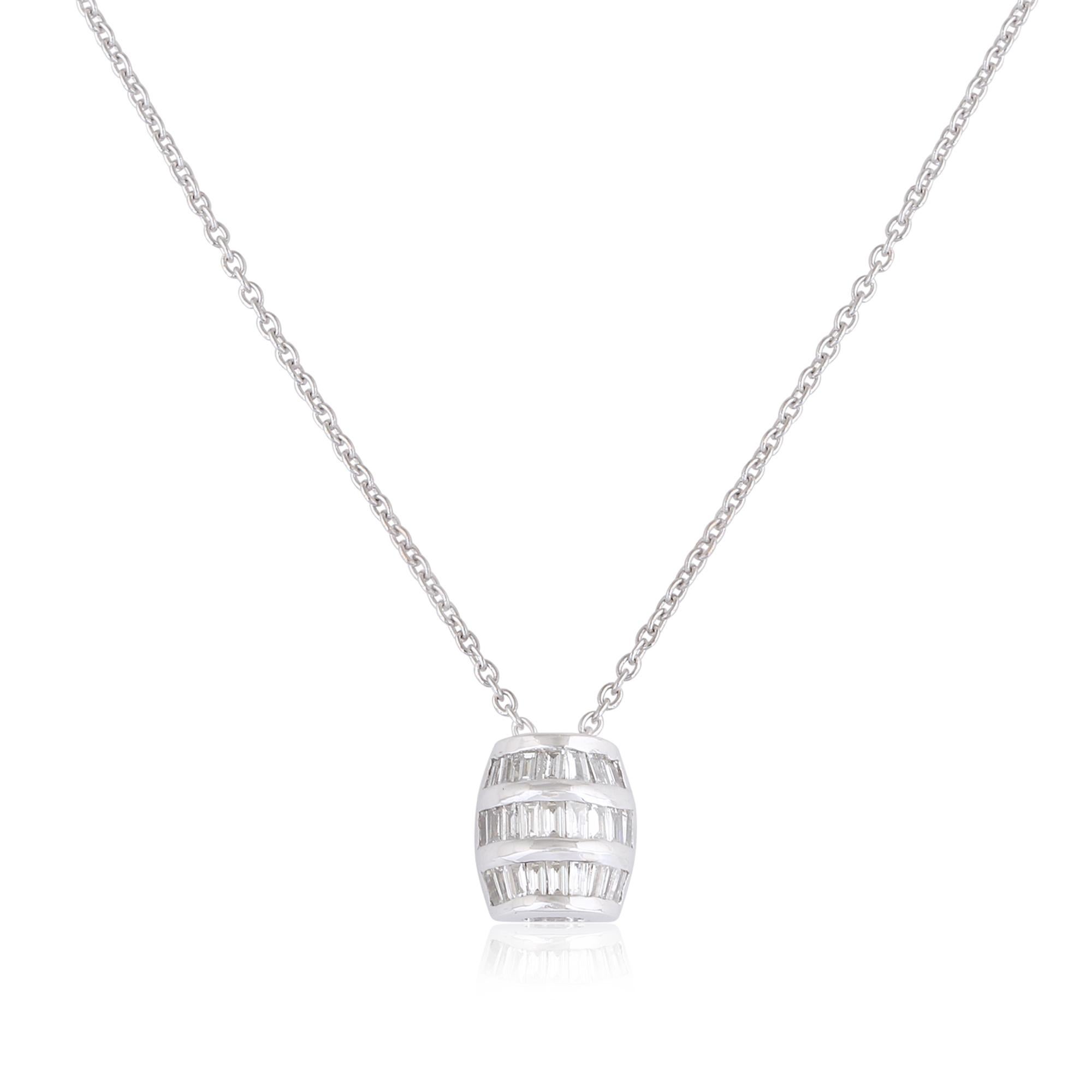 Modern Baguette Diamond Charm Pendant Necklace 18 Karat White Gold Handmade Jewelry For Sale
