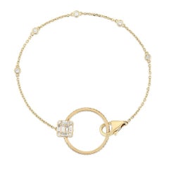 Baguette Diamond Circle Charm 14K (or 18k upon request) Yellow Gold Bracelet