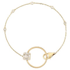 Baguette Diamond Circle Charm 14K (or 18k upon request) Yellow Gold Bracelet