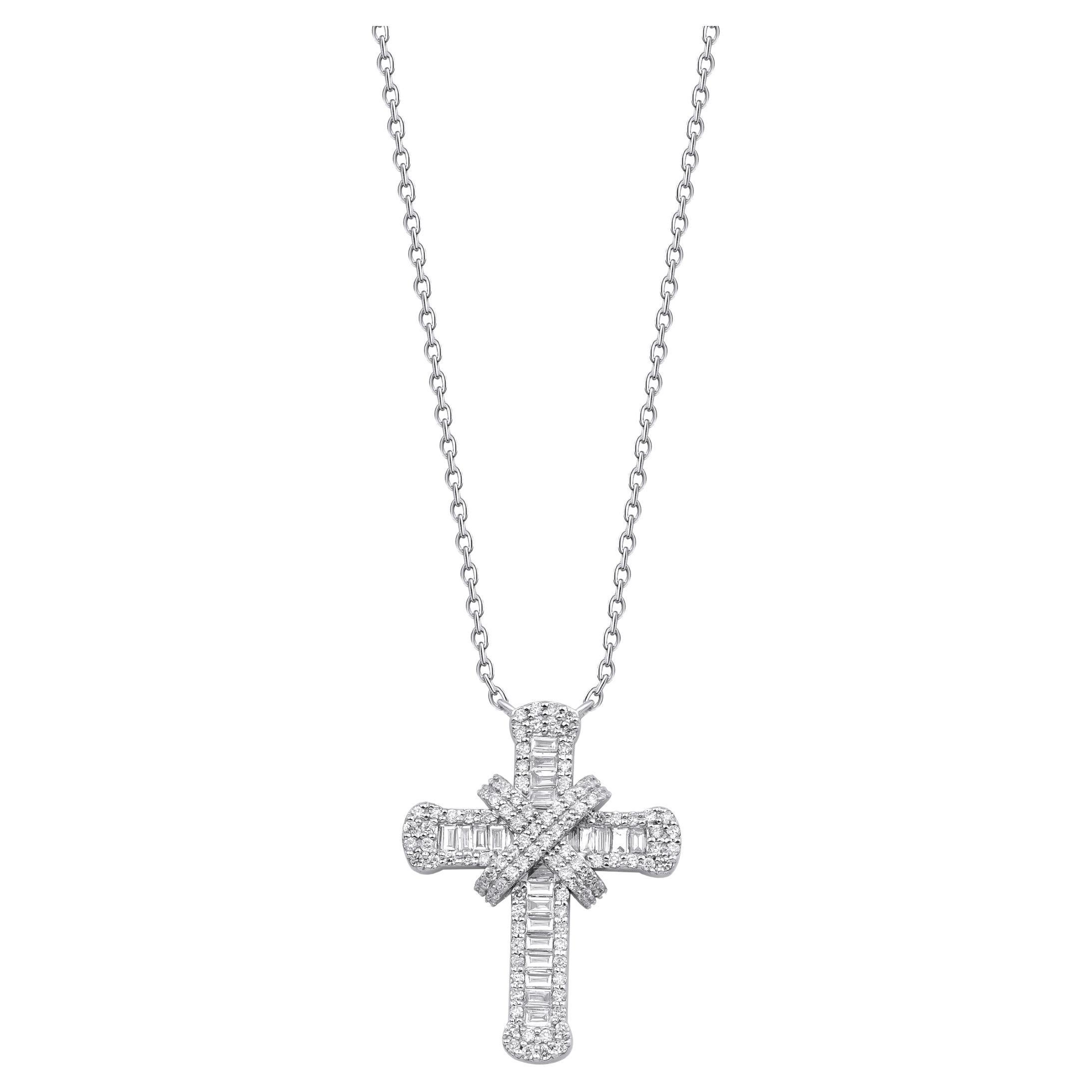 Collier cocktail croix en or massif avec diamants baguettes en vente