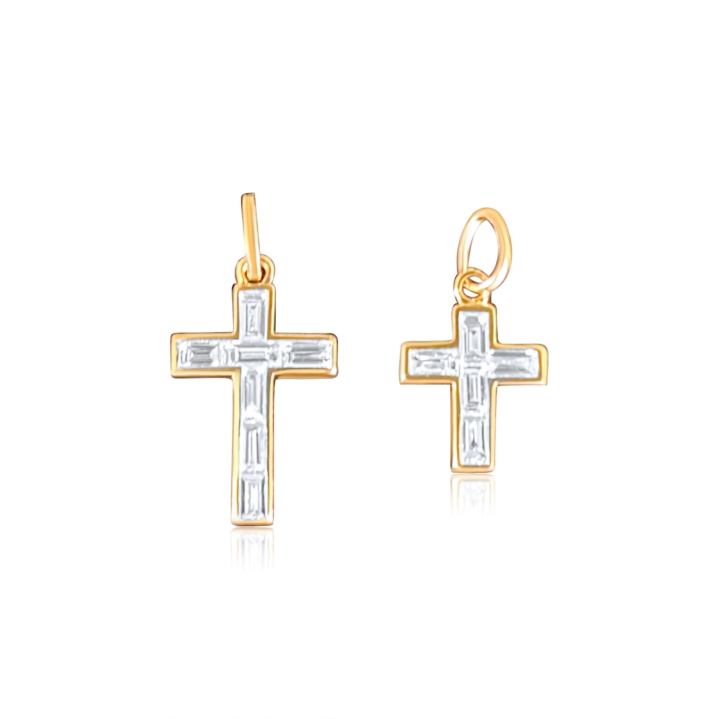 Add a bit of luxury and edginess with this diamond baguette cross charm. These Cross charm pendant comes in two sizes, set in solid 14k yellow gold. Can’t find a color you like? Please reach out for addition variations made just for you.

Pendant