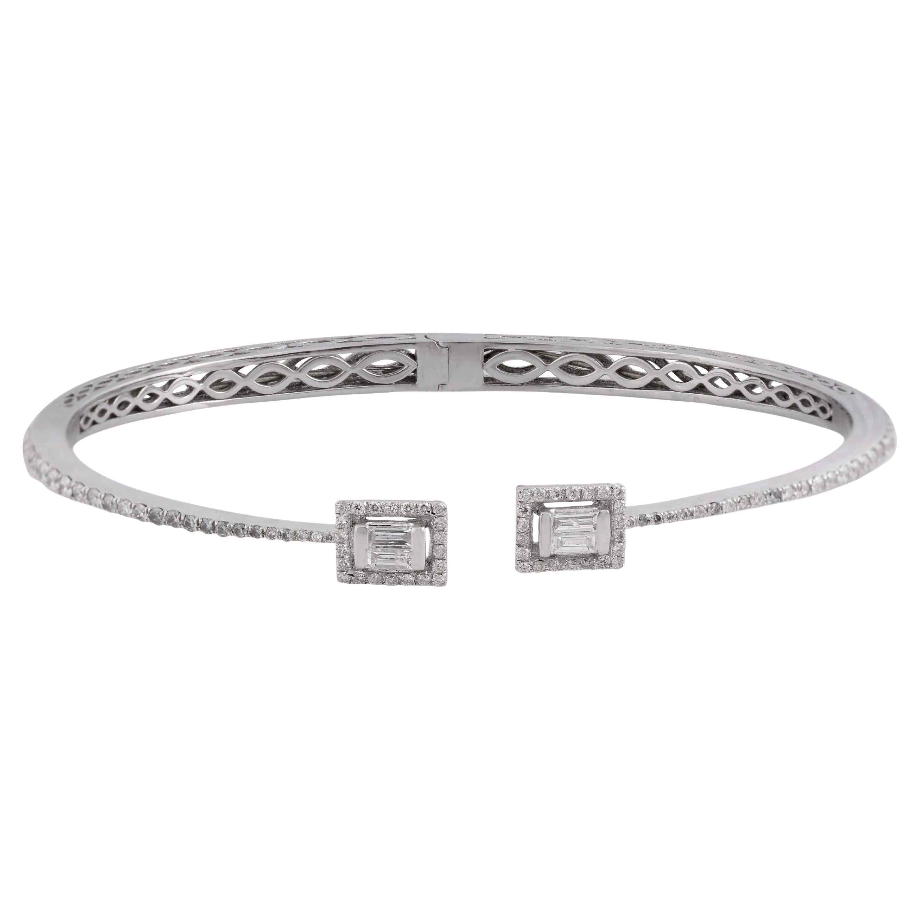 Bracelet manchette en or blanc 18 carats avec diamants baguettes, fait main, bijouterie d'art