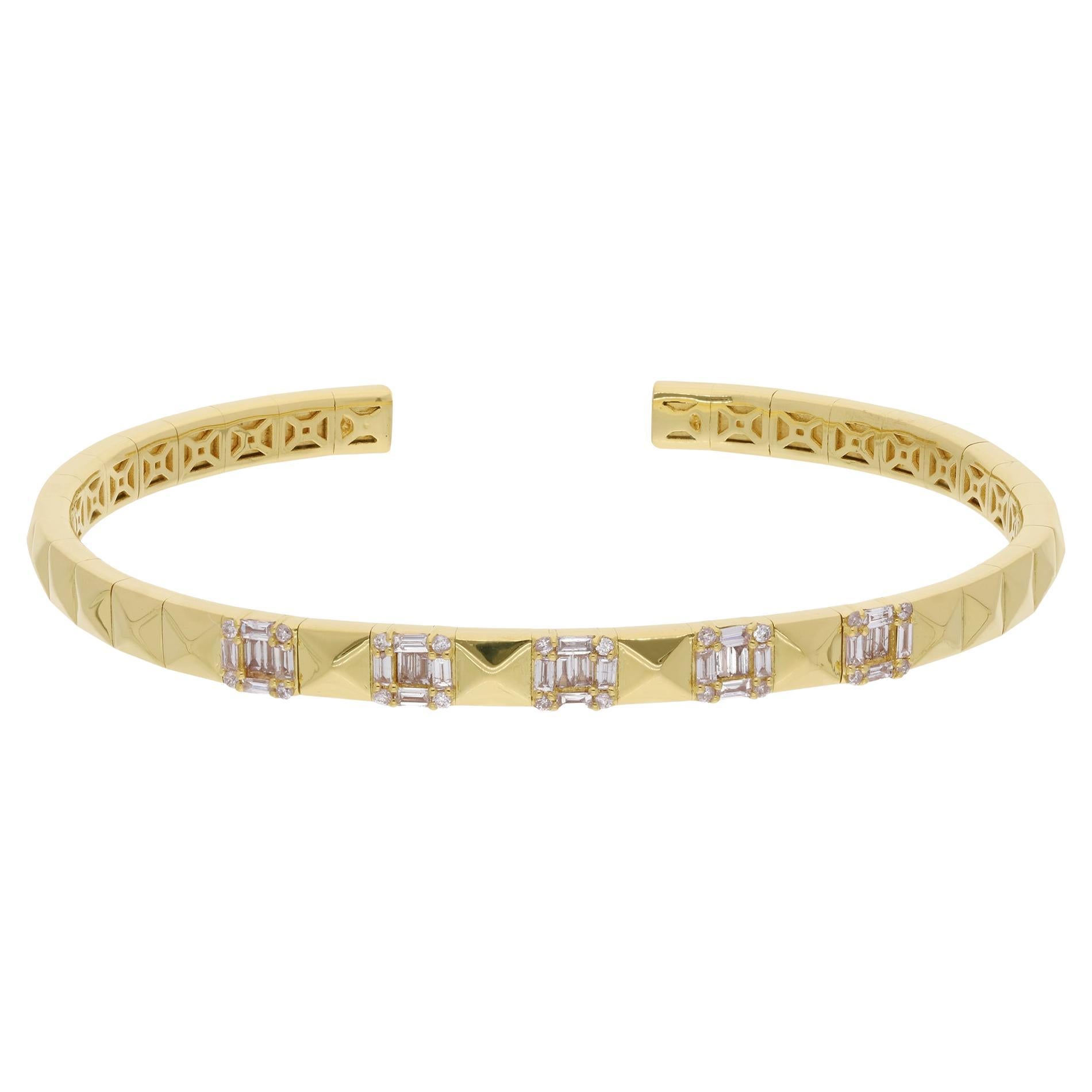 Baguette Diamond Cuff Pyramid Bangle Bracelet 18 Karat Yellow Gold Fine Jewelry For Sale