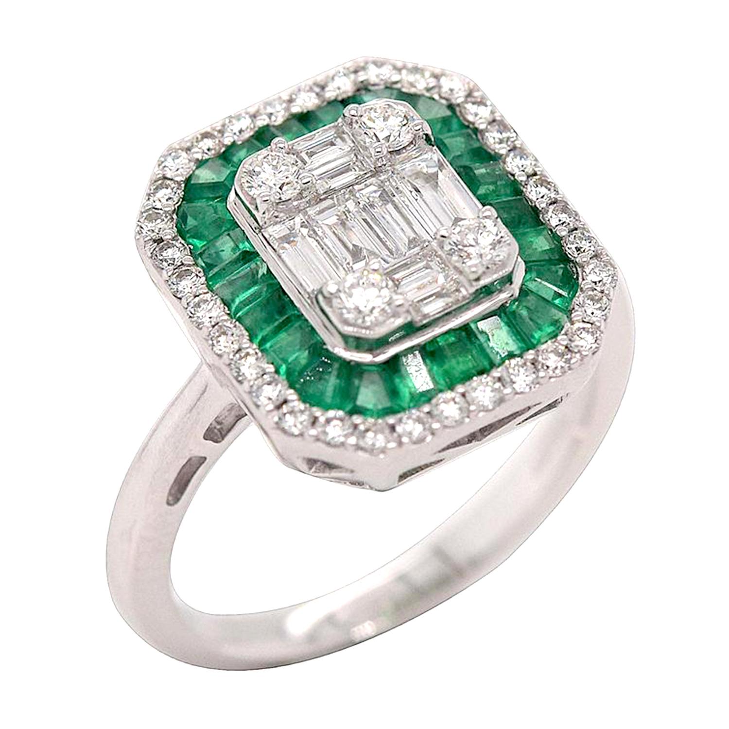 Baguette Diamant & Smaragd Cocktail Ring aus 18K Weißgold (Kunsthandwerker*in) im Angebot