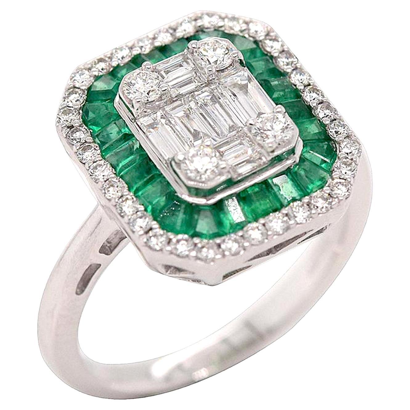Baguette Diamond & Emerald Cocktail Ring Made In 18K White Gold