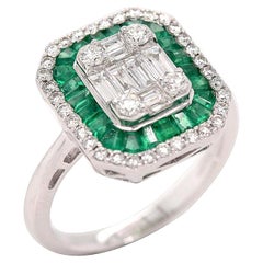 Baguette Diamond & Emerald Cocktail Ring Made In 18K White Gold