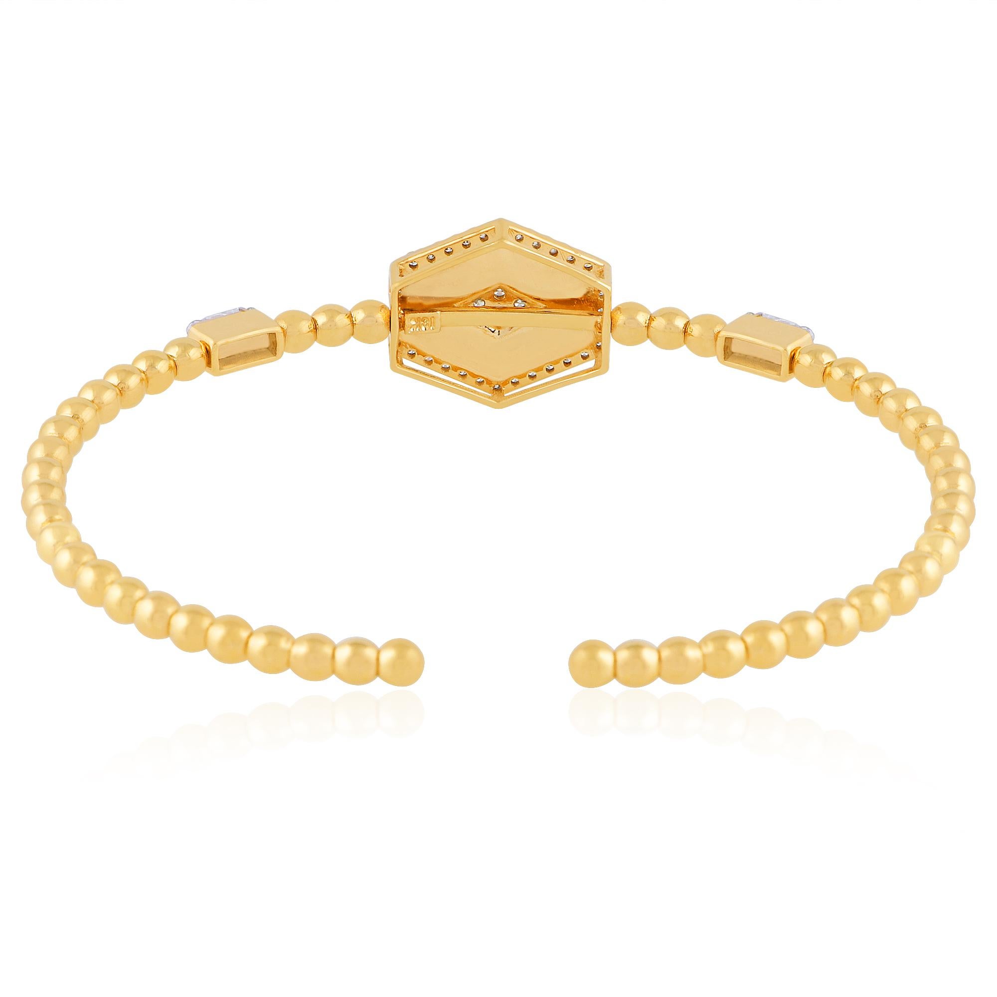 Modern Baguette Diamond Enamel Cuff Beaded Ball Bangle Bracelet 18 Karat Yellow Gold For Sale
