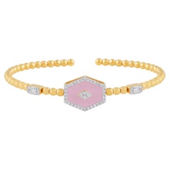 Baguette Diamond Enamel Cuff Beaded Ball Bangle Bracelet 18 Karat Yellow Gold